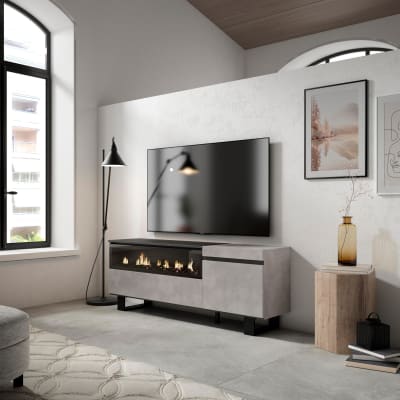 Meuble tv effet bois ciment 150x35x57cm cheminée effet feu