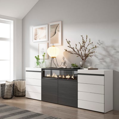 Commode effet bois blanc et noir 214x35x75cm cheminée effet feu