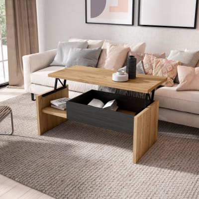 Table basse relevable effet bois de chêne et noir 110x50x45cm