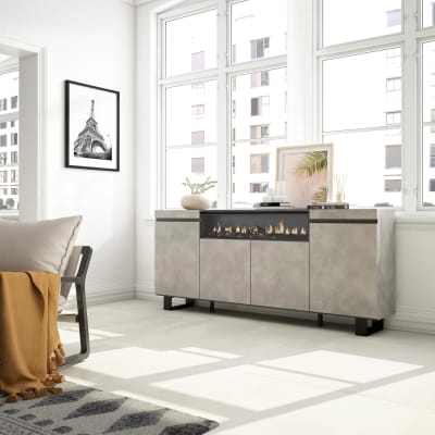 Buffet effet bois ciment 200x35x87cm cheminée effet feu