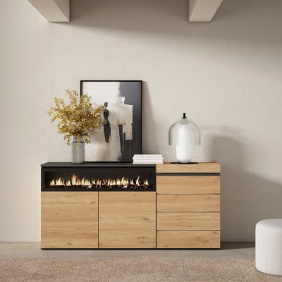 Buffet effet bois de chêne 157x35x75cm cheminée effet feu