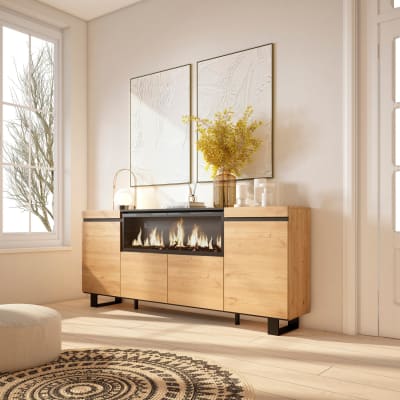 Buffet effet bois de chêne 208x35x87cm cheminée effet feu xxl