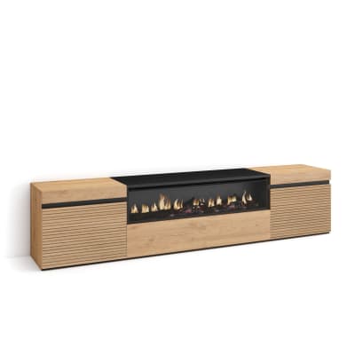 Meuble tv effet bois de chêne 200x35x45cm cheminée effet feu