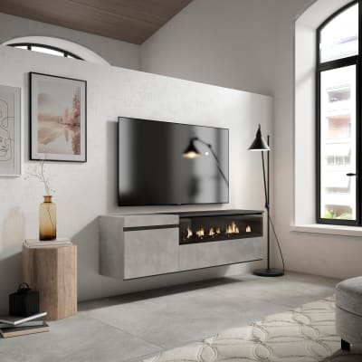 Meuble tv effet bois ciment 150x35x45cm cheminée effet feu