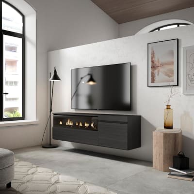 Meuble tv effet bois noir 150x35x45cm cheminée effet feu
