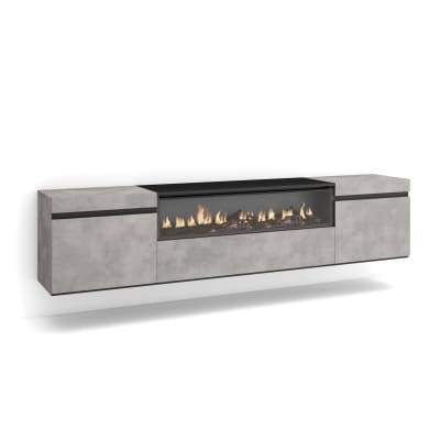 Meuble tv effet bois ciment 200x35x45cm cheminée effet feu