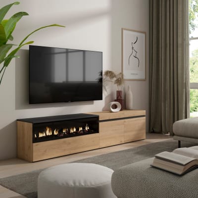 Meuble tv effet bois de chêne et noir 200x35x45cm cheminée effet feu