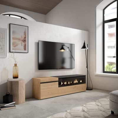 Meuble tv effet bois de chêne et noir 150x35x45cm cheminée effet feu
