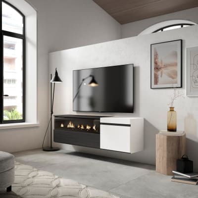 Meuble tv effet bois blanc et noir 150x35x45cm cheminée effet feu