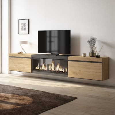 Meuble tv effet bois de chêne et noir 267x35x45 cheminée effet feu xxl