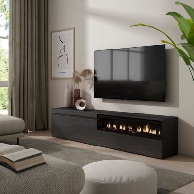 Meuble tv effet bois noir 200x35x45cm cheminée effet feu
