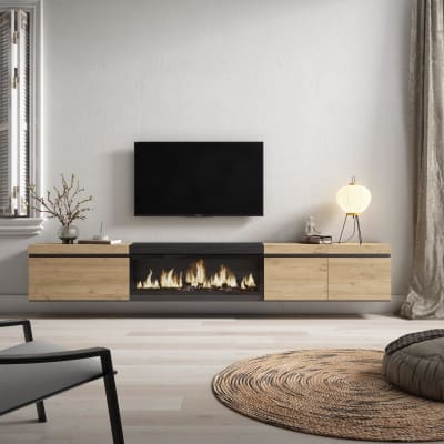Meuble tv effet bois de chêne et noir 288x35x45 cheminée effet feu xxl