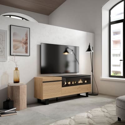 Meuble tv effet bois de chêne 150x35x57cm cheminée effet feu