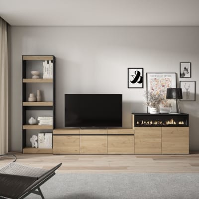 Ensemble meuble effet bois de chêne 310x35x186cm cheminée effet feu
