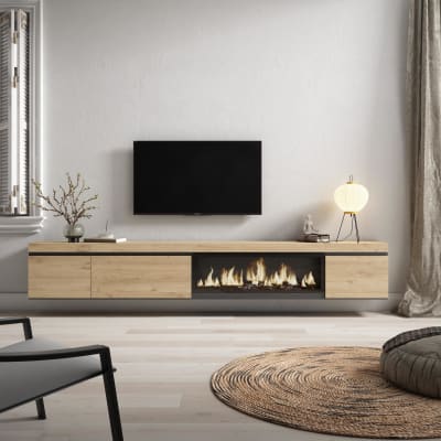 Meuble tv effet bois de chêne 288x35x45cm cheminée effet feu xxl