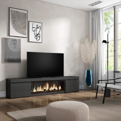 Meuble tv effet bois noir 208x35x45cm cheminée effet feu xxl