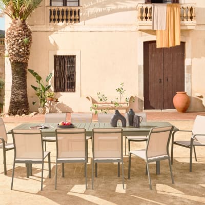 Table de jardin extensible aluminium et textilène kaki, 10 places