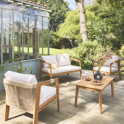 Salon de jardin en acacia 4 places beige avec cordes
