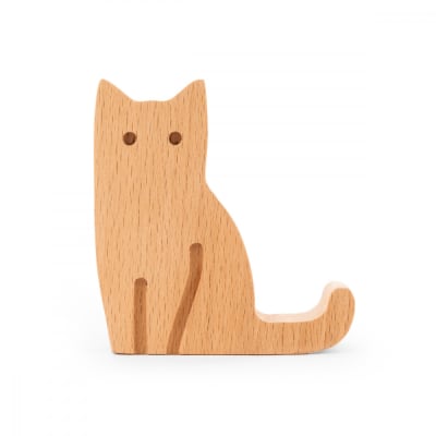Support téléphone chat en bois naturel