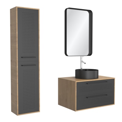 Ensemble meubles de salle de bains effet bois marron avec miroir 53x