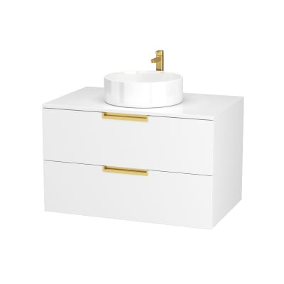 Pack meuble de salle de bains avec poignées or et vasque ronde bois