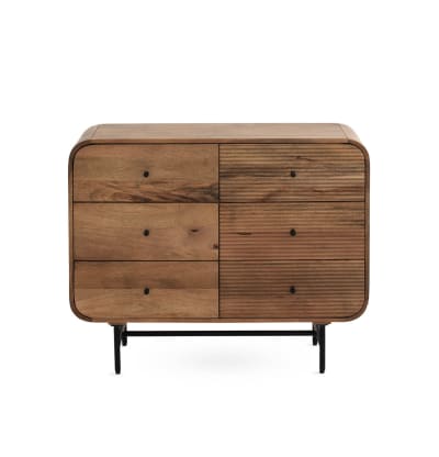 Commode en bois de manguier massif à 6 tiroirs aux contours incurvés
