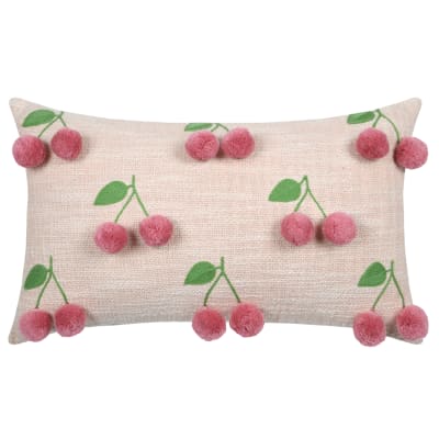 Coussin avec cerises en relief pompons coton beige 30x50 cm
