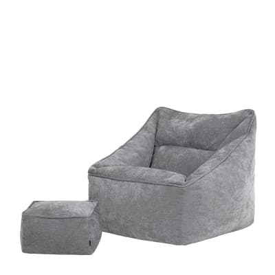Pouf fauteuil et repose-pied carré en tissu chenille texturé gris
