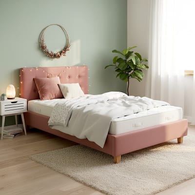 Lit 90x190 cm avec tête de lit en velours vieux rose