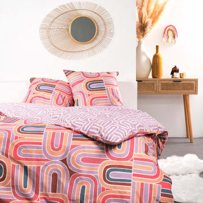 Parure de lit imprimé graphique coton  260x240cm rose