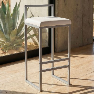 Tabouret de bar en métal argent et velours blanc