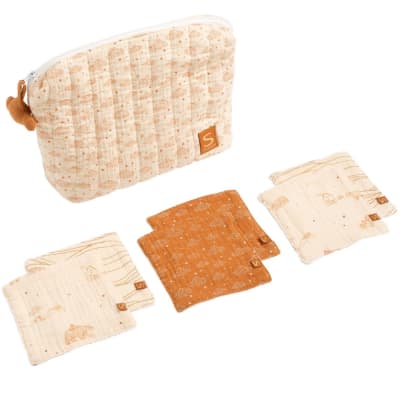 Trousse de toilette en double gaze de coton et carrés éponge