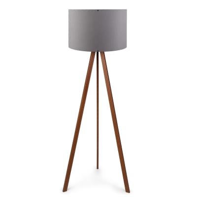 Lampadaire trépied bois marron et gris souris