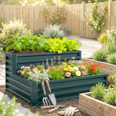 Jardinière carré potager 2 étages tôle d'acier ondulée gris foncé