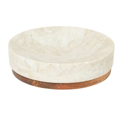Porte savon résine effet marbre blanc et bois 11x11x3cm