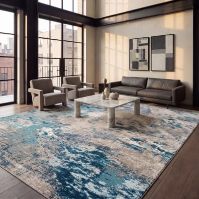 Tapis contemporain en polypropylène bleu/beige, 274 x 366 cm