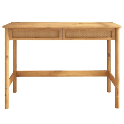 Bureau 2 tiroirs aspect rotin en bois massif, coloris chêne