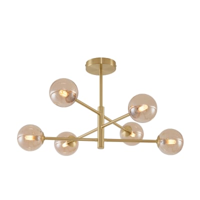 Plafonnier moderne laiton verre ambré 6 lumières
