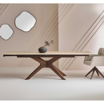 Table en céramique beige et bois avec allonges
