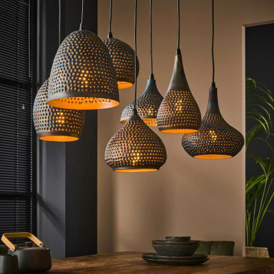 Suspension 7 lampes en métal brun sombre ajouré