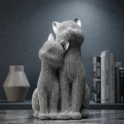 Paire de chats en résine argentée 13x10x21 cm
