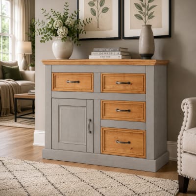 Buffet avec 1 porte / 4 tiroirs en pin ciré gris