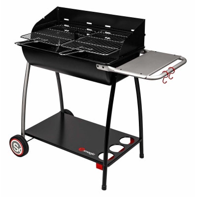 Barbecue à charbon en forme de demi-tonneau métal noir 104.5x52.5x94