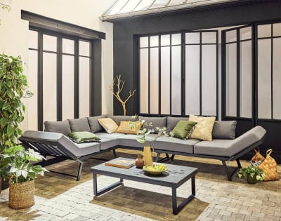 Salon de jardin 5 places en acier noir coussin gris et table incluse