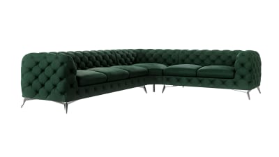 Canapé d’angle Chesterfield en velours, pieds en métal argenté, vert
