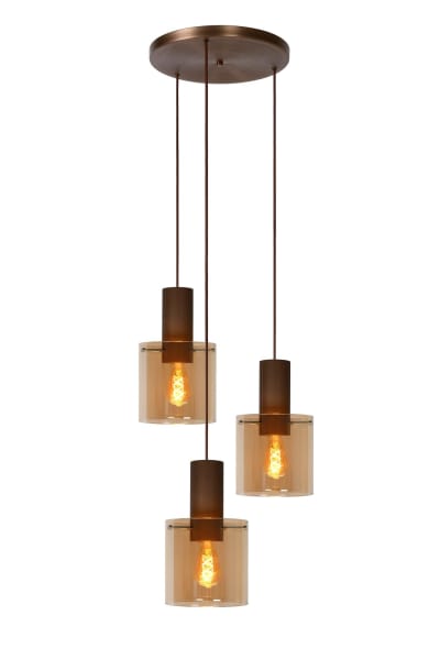 Suspension en verre 3 lumières verre ambré cuivre 50 cm