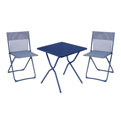 Ensemble 1 table, 2 chaises pliantes ultra-compactes en acier bleu