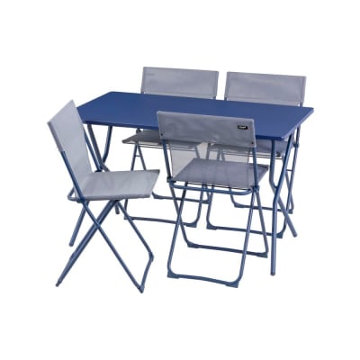 Ensemble 1 table, 4 chaises pliantes ultra-compactes en acier bleu