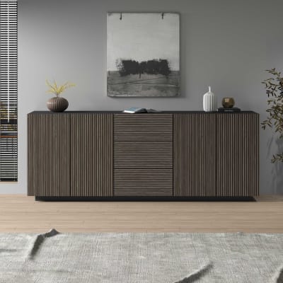 Buffet 4 portes 220,1 cm effet bois cannelé anthracite et bois foncé