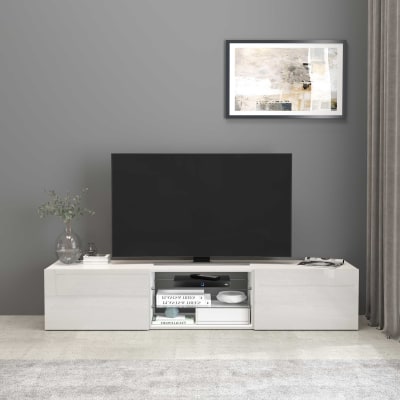 Meuble tv 2 portes 2 etagères 180 cm effet bois blanc brillant
